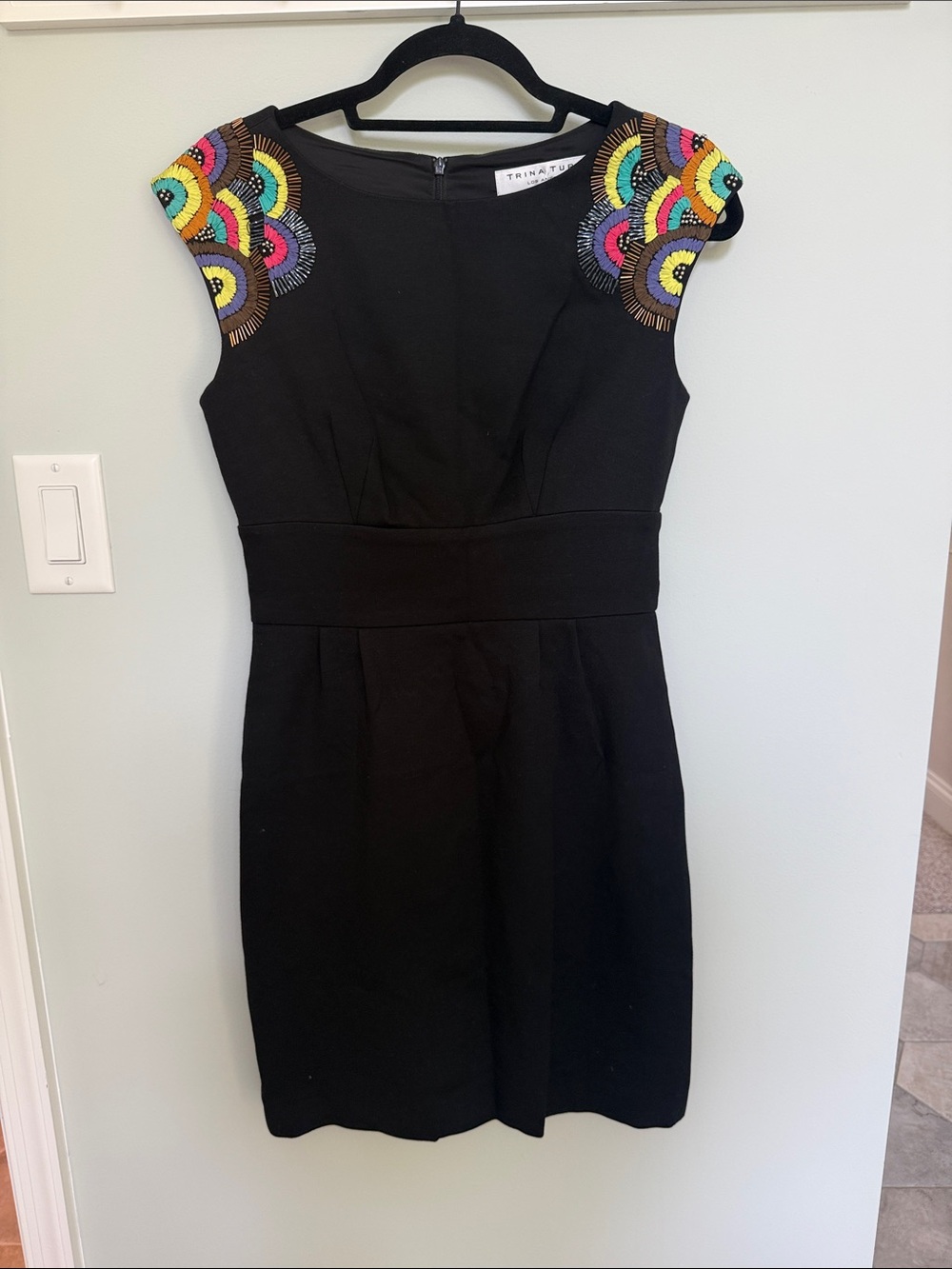 Trina Turk Black Dress with Multicolor Shoulder Embroidery